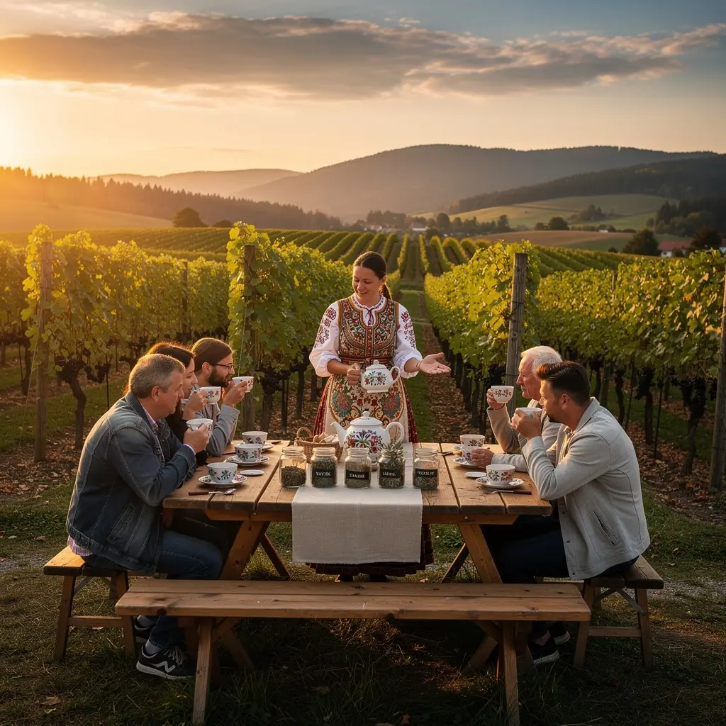 Kvetinová kompozícia vedľa šálky čaju, symbolizujúca harmóniu a pohodu.