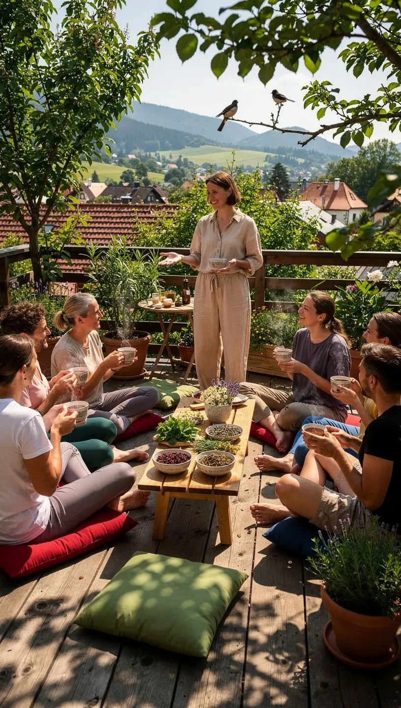 Šálka teplého bylinkového čaju na drevenom stole s prírodnými dekoráciami.