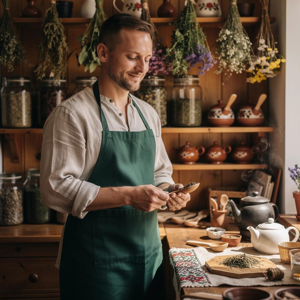 Šálka teplého bylinkového čaju na drevenom stole s prírodným pozadím.