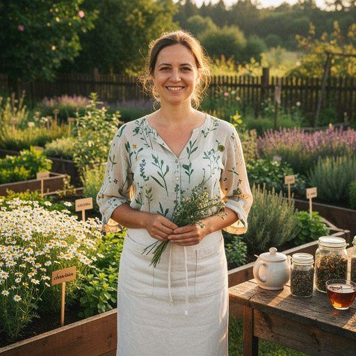 Zelené listy mäty a harmančeka na bielom tanieri vedľa šálky čaju.